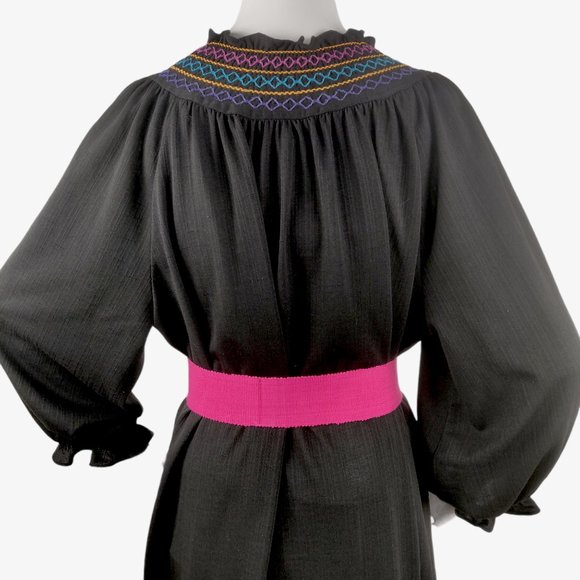 Vintage 1970s 80s Black Mexican Folk Dress Rainbow Smocking Cotton Gauze BOHO Br - Picture 13 of 16